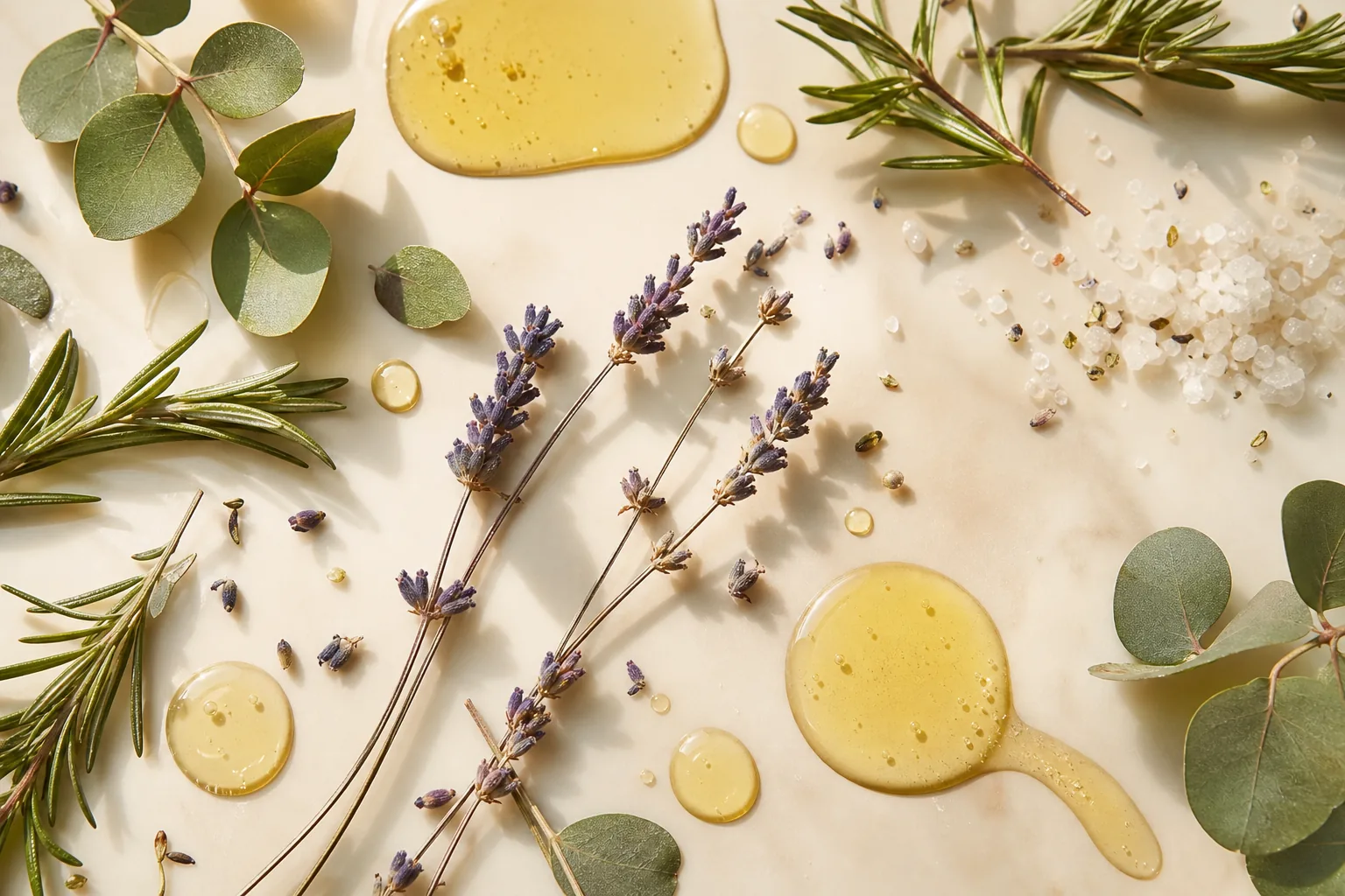 Botanical ingredients flatlay with oil, lavender and herbs