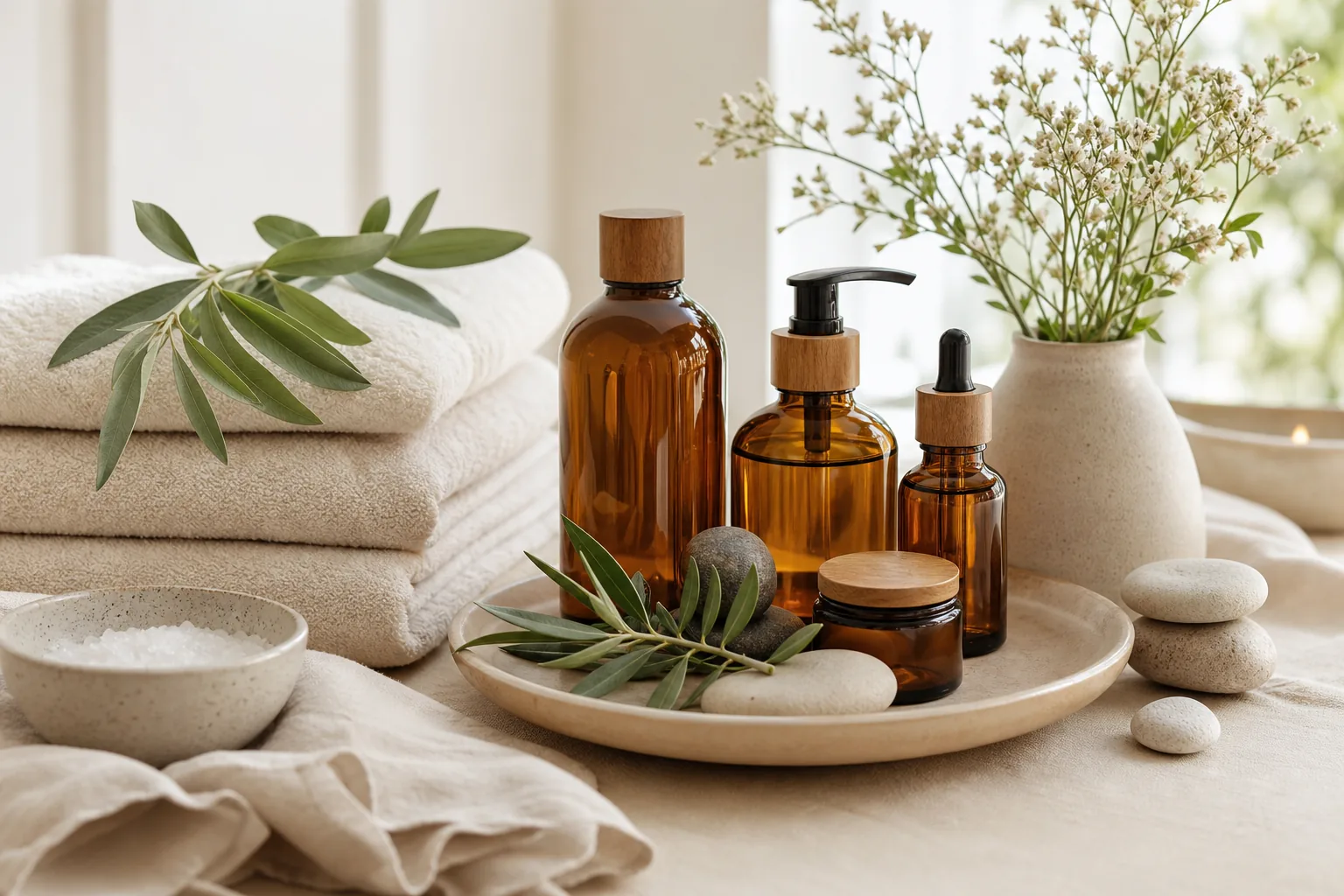 Natural spa flatlay with amber oil bottles, towels and botanicals