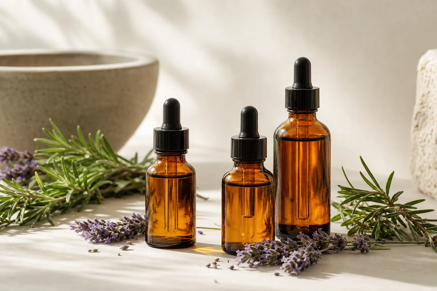 Amber aromatherapy and massage oil bottles